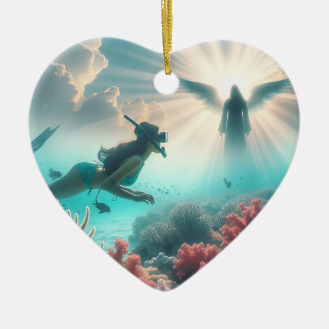 A pretty gal finds an angel while snorkelling ceramic ornament (Front)