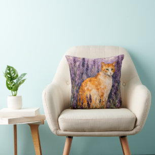 A pretty ginger cat in a lavender field cushion
