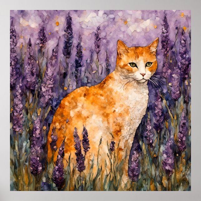 A pretty ginger cat in a lavender field  poster (Front)