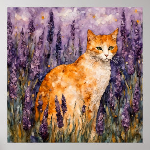 A pretty ginger cat in a lavender field  poster
