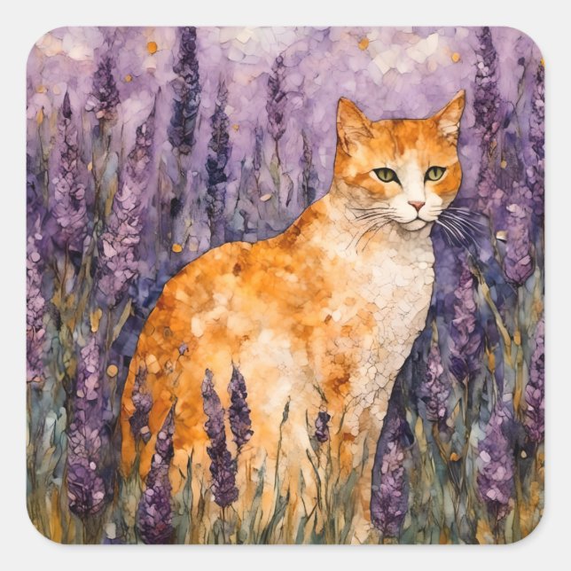 A pretty ginger cat in a lavender field  square sticker (Front)