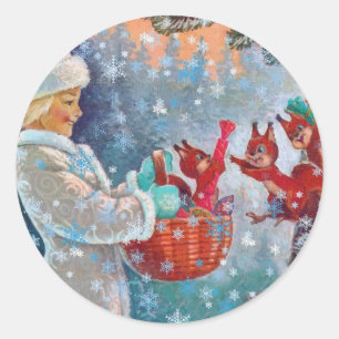 A Pretty Girl and Squirrels in Christmas Classic Round Sticker