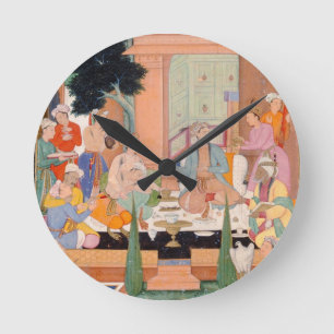 A prince and companions take refreshments and list round clock