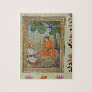 A prince in discussion with a religious man holdin jigsaw puzzle