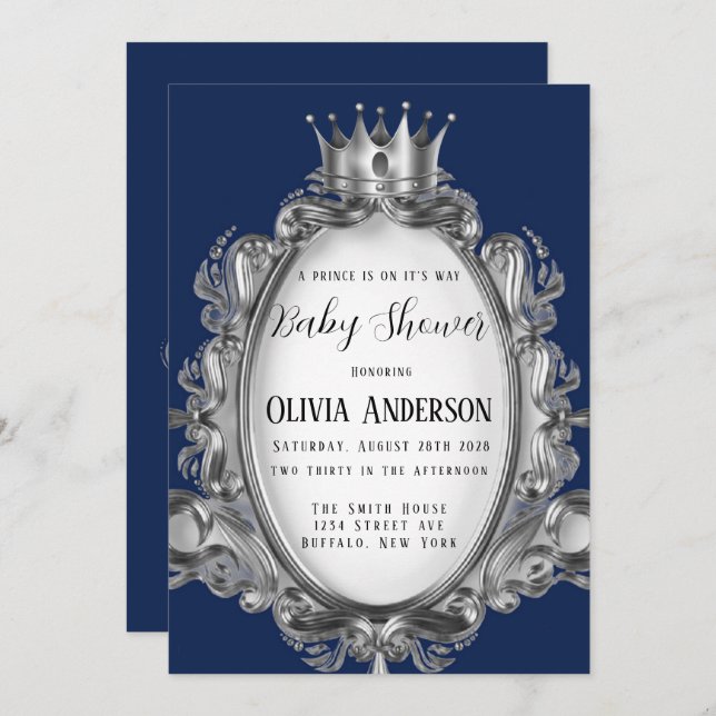 A Prince Is On It's Way Navy Silver Baby Shower Invitation (Front/Back)
