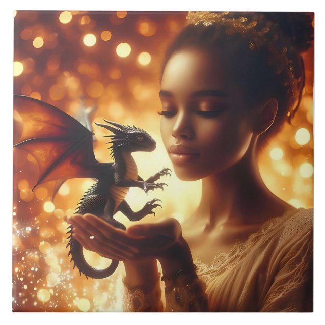  a princess and her baby dragon ceramic tile (Front)