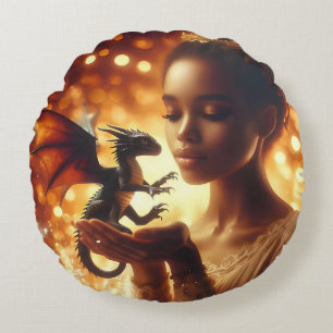 a princess and her baby dragon round cushion