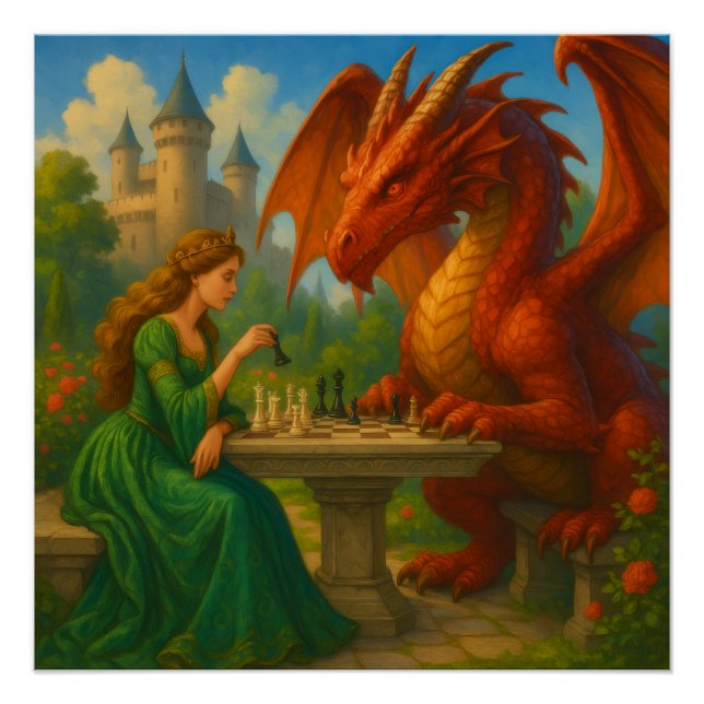 A princess playing chess with a dragon fantasy art poster (Front)