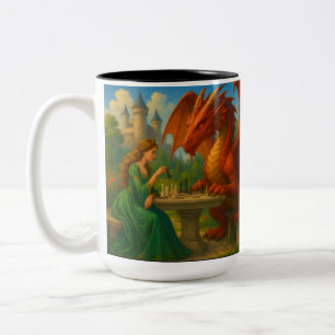 A princess playing chess with a dragon fantasy art Two-Tone coffee mug