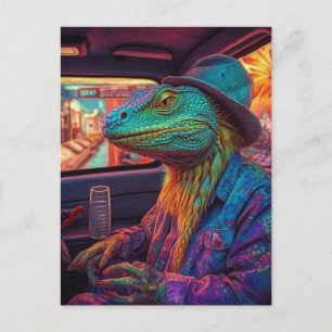 A psychedelic lizard in a vehicle  postcard