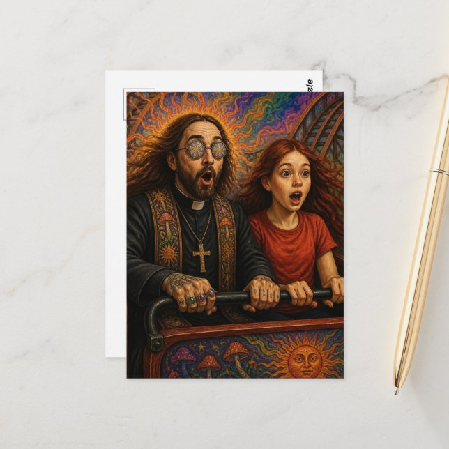 A Psychedelic priest Roller Coaster Ride Postcard (Front/Back In Situ)
