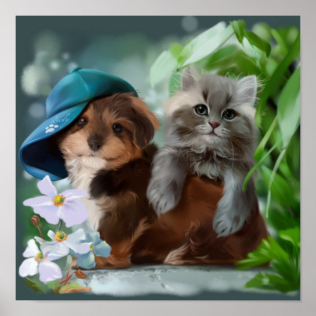 A puppy and a grey kitten poster (Front)