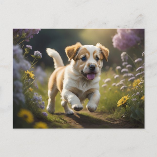 A puppy running in a flowering garden postcard (Front)