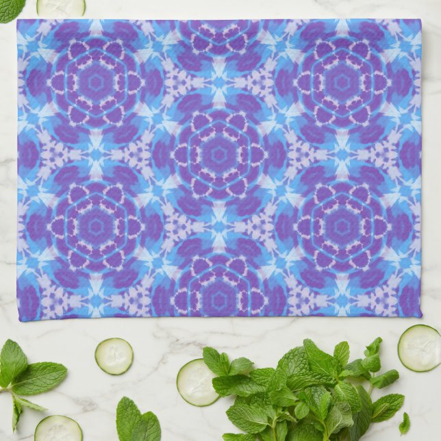 A Purple and Blue Tie Dye Pattern Tea Towel (Folded)