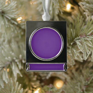 a purple background with a white border silver plated banner ornament