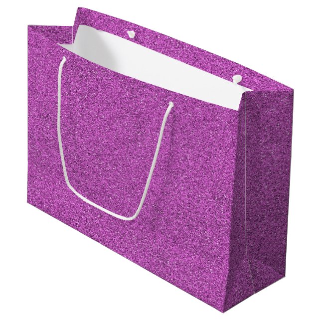 A purple glitter gift bag with white handles (Front Angled)