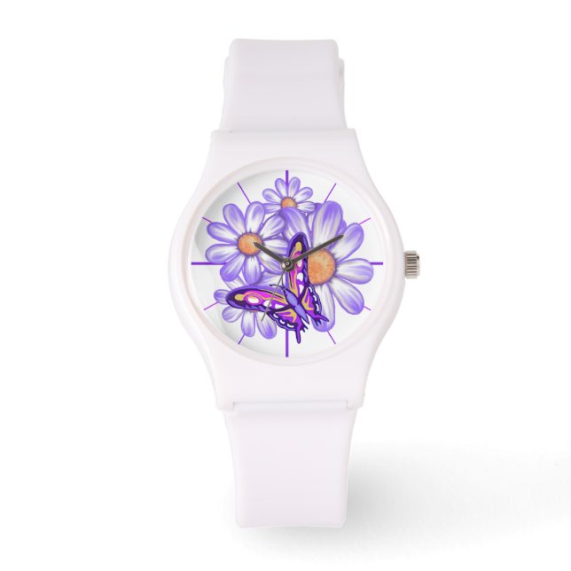 A purple paradise daisy/butterfly watch (Front)