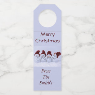 A quartet of snowmen bottle tag