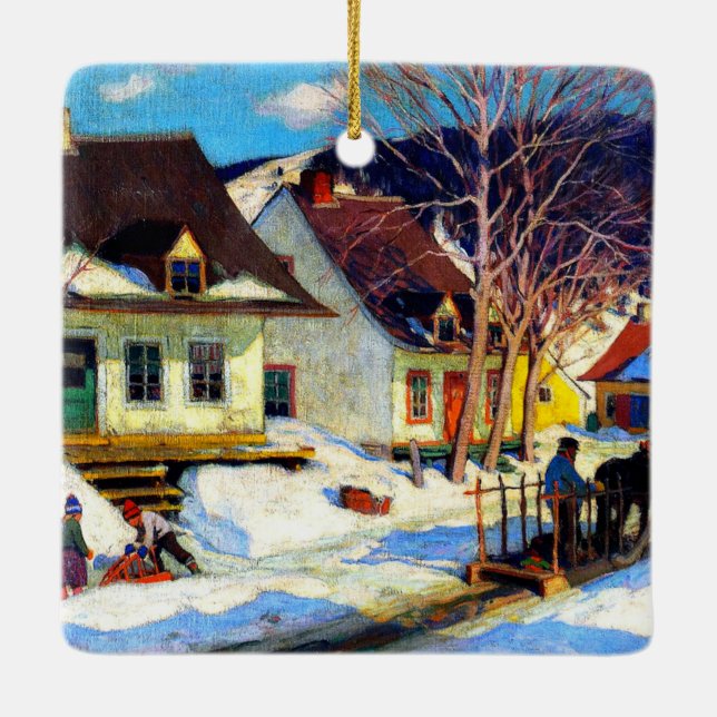 A Quebec Village Street  by Clarence Gagnon Ceramic Ornament (Back)