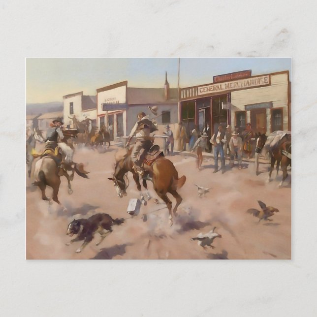 “A Quiet Day in Utica” by Charles M Russell Postcard (Front)