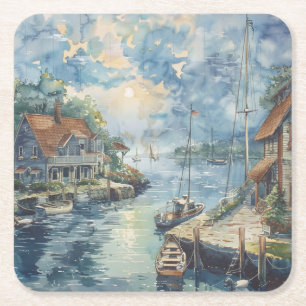 A Quiet Harbour Square Paper Coaster