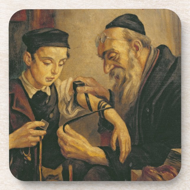 A Rabbi tying the Phylacteries to the arm of a boy Coaster (Front)