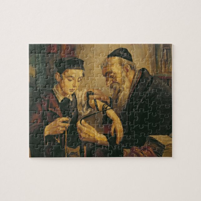 A Rabbi tying the Phylacteries to the arm of a boy Jigsaw Puzzle (Horizontal)