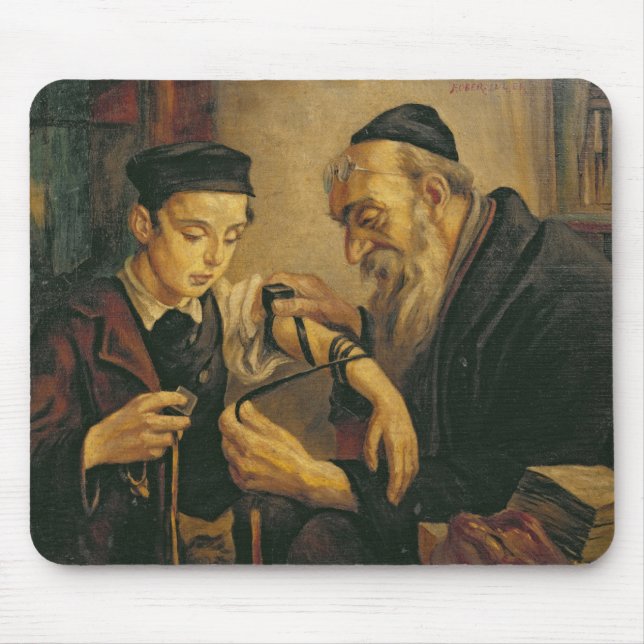 A Rabbi tying the Phylacteries to the arm of a boy Mouse Pad (Front)