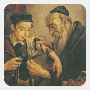 A Rabbi tying the Phylacteries to the arm of a boy Square Sticker