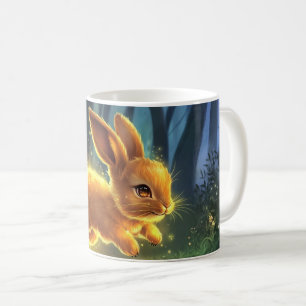A rabbit leaps in the darkness, surrounded by twin coffee mug