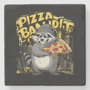 A racoon holding a slice of pizza stone coaster