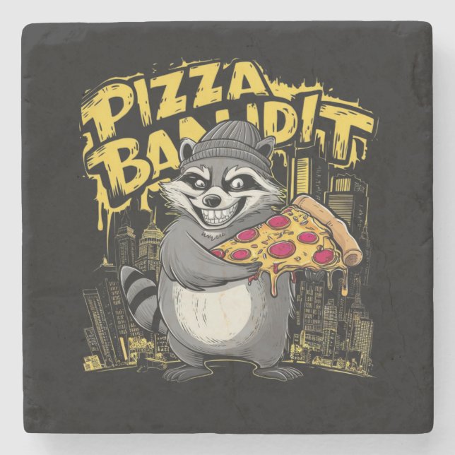 A racoon holding a slice of pizza stone coaster (Front)