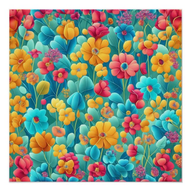  A Rainbow of Blooms: Vibrant Floral Pattern Poster (Front)