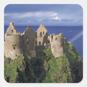 A rainbow strikes mediaeval Dunluce Castle on Square Sticker