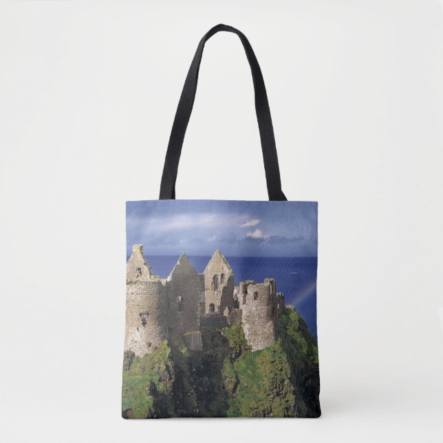 A rainbow strikes mediaeval Dunluce Castle Tote Bag (Front)