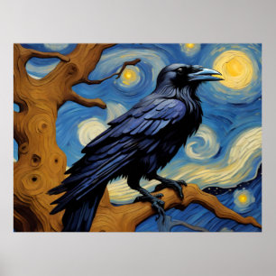 A Raven in an Old Oak Tree Starry Night Poster