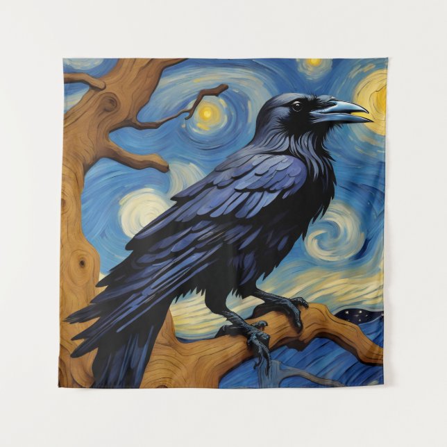 A Raven in an Old Oak Tree Starry Night Tapestry (Front)