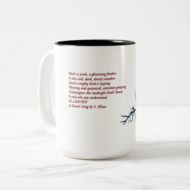 A Raven’s Song Poem and Raven Graphic. Two-Tone Coffee Mug (Front Left)