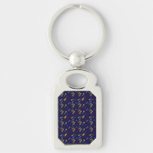 A rectangular keychain with a silver finish