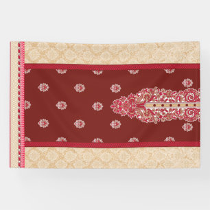 a red and beige carpet with a red border banner