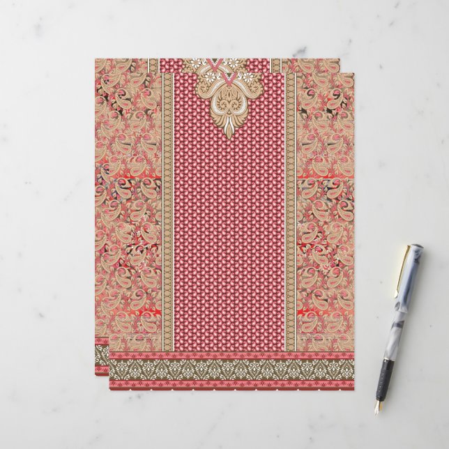 a red and beige rug with a gold border (Front/Back In Situ)
