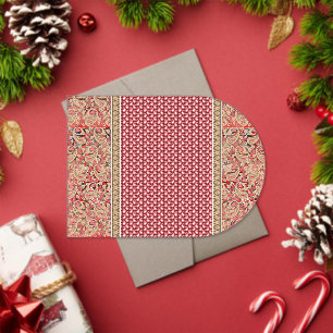 a red and beige rug with a gold border acrylic invitations