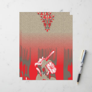 a red and beige scarf with a picture of a woman ho