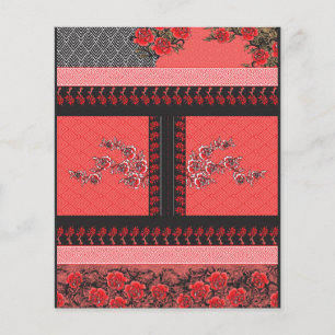 a red and black pattern with flowers on it flyer