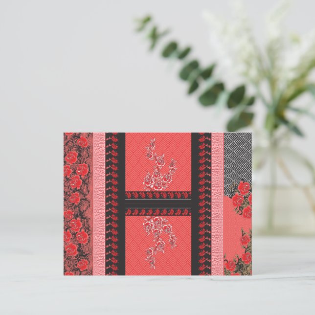 a red and black pattern with flowers on it postcard (Standing Front)