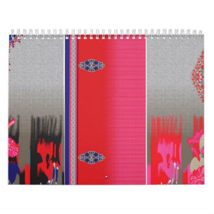 A red and blue scarf featuring a decorative patter calendar