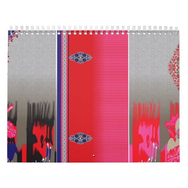 A red and blue scarf featuring a decorative patter calendar (Cover)