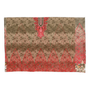 a red and brown background with a red border pillowcase