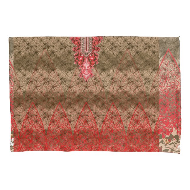 a red and brown background with a red border pillowcase (Front)