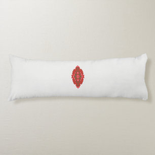 a red and brown design on a white background body cushion